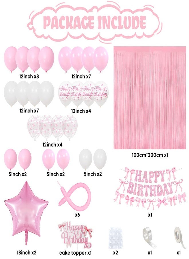Froova Pink Bow Birthday Decorations, Coquette Party Decoration for Girls Women Pastel Light Pink White Bow Latex Balloons Happy Birthday Banner Cake Topper for Baby Shower Bachelorette Party Decor Supplies - Image 3